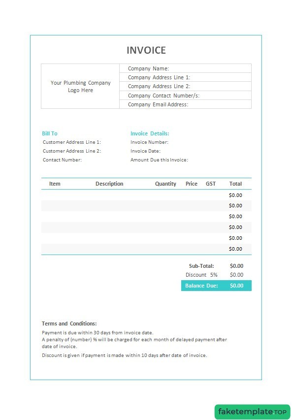 Feature of fake Plumbing invoice example